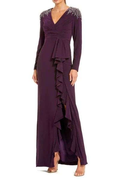 Mac Duggal Long Sleeve Gown With Cascading Ruffle & Rhinestone Shoulders In Purple