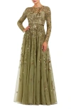 Mac Duggal Long Sleeve Hand Embellished Floral A-line Gown In Green