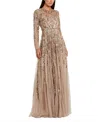 Mac Duggal Long Sleeve Hand Embellished Gown In Brown