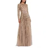 Mac Duggal Long Sleeve Hand Embellished Gown In Brown