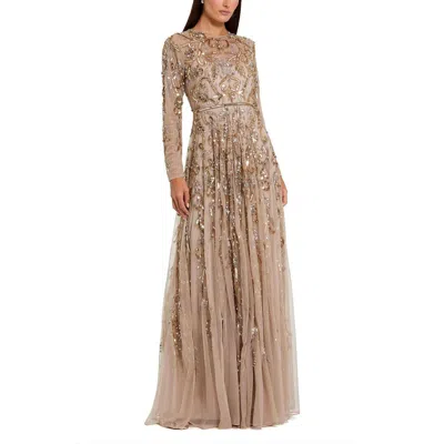 Mac Duggal Long Sleeve Hand Embellished Gown In Gold