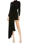 Mac Duggal Jersey High Neck Asymmetrical Draped High Low Dress In Black
