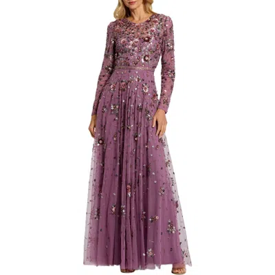 Mac Duggal Long Sleeve High Neck Beaded Gown In Raspberry
