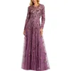 Mac Duggal Long Sleeve High Neck Beaded Gown In Raspberry