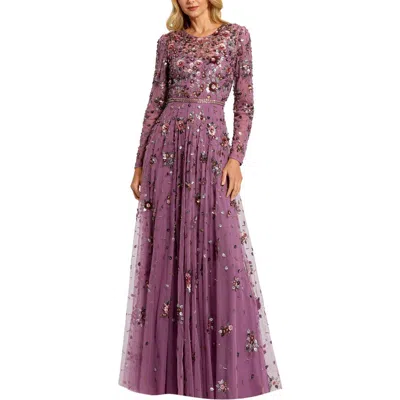 Mac Duggal Long Sleeve High Neck Beaded Gown In Raspberry