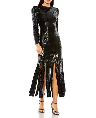 Mac Duggal Long Sleeve High Neck Carwash Panel Dress In Black