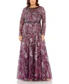 Mac Duggal Plus Long Sleeve High Neck Embroidered & Beaded Detail Gown In Plum