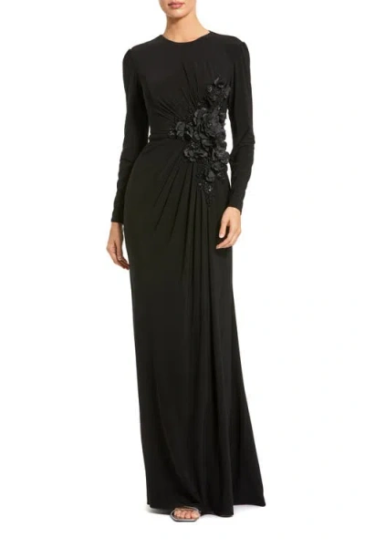 Mac Duggal Long Sleeve High Neck Floral Beaded Jersey Gown In Black