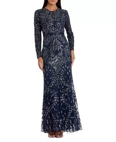 Mac Duggal Long Sleeve Illusion Neck Sequin Beaded Gown In Midnight In Multi