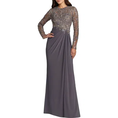 Mac Duggal Long Sleeve Jersey Beaded Embroidered Gown In Multi