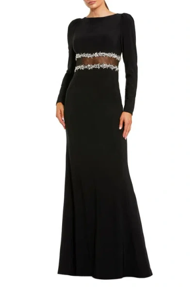 Mac Duggal Long Sleeve Jersey Gown With Jewel Detail In Black