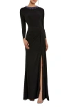 Mac Duggal Long Sleeve Jersey Ruched Gown With Beaded Neck In Black