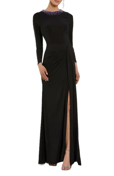 Mac Duggal Long Sleeve Jersey Ruched Gown With Beaded Neck In Black