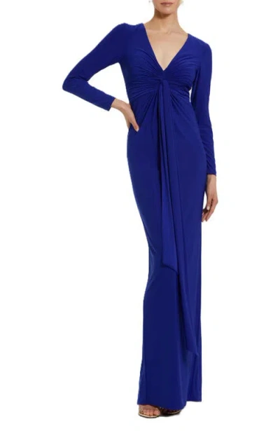 Mac Duggal Long Sleeve Jersey V Neck Twist Knot Gown In Cobalt