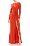 Mac Duggal Keyhole Draped Gown In Brick Red