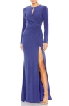 Mac Duggal Long Sleeve Keyhole Draped Gown In Indigo