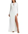 Mac Duggal Ruched Keyhole Long Sleeve Jersey Gown In White