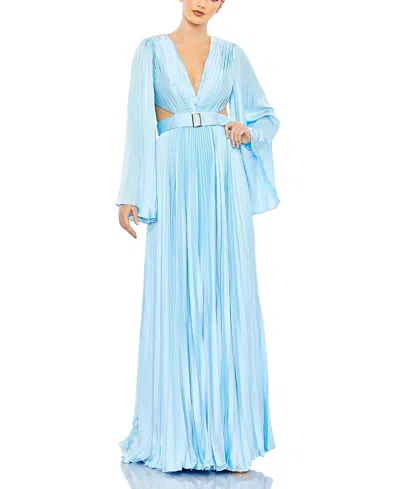 Mac Duggal Long Sleeve Lace-up Back Charmeuse Gown In Blue