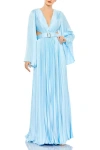 Mac Duggal Long Sleeve Lace-up Back Charmeuse Gown In Blue