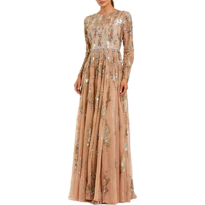 Mac Duggal Long Sleeve Mesh Embellished Evening Gown In Brown