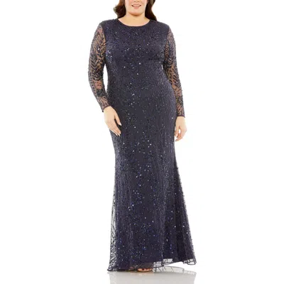 Mac Duggal Long Sleeve Mesh Embellished Gown In Blue