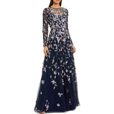 MAC DUGGAL MAC DUGGAL LONG SLEEVE MESH GOWN WITH FLORAL DETAIL