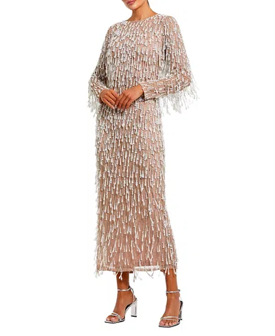 Mac Duggal Long Sleeve Midi Dress With Embellished Fringe In Neutral