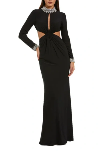 Mac Duggal Long Sleeve Mock Neck Beaded Jersey Cut Out Gown In Black