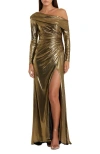 Mac Duggal Long Sleeve Off The Shoulder Metallic Gown In Antique Gold