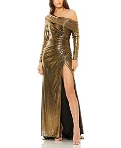 Mac Duggal Long Sleeve Off The Shoulder Metallic Gown In Antique Gold Tone