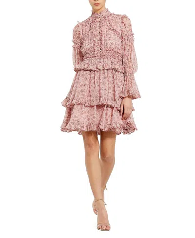 Mac Duggal Long Sleeve Open Front High Neck Ruffle Mini Dress In Brown