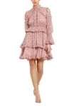 Mac Duggal Long Sleeve Open Front High Neck Ruffle Mini Dress In Cinnamon