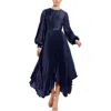 Mac Duggal Long Sleeve Pleated Handkerchief Dress In Blue