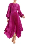 Mac Duggal Pleated Long Sleeve Handkerchief Hem Midi Cocktail Dress In Fuchsia