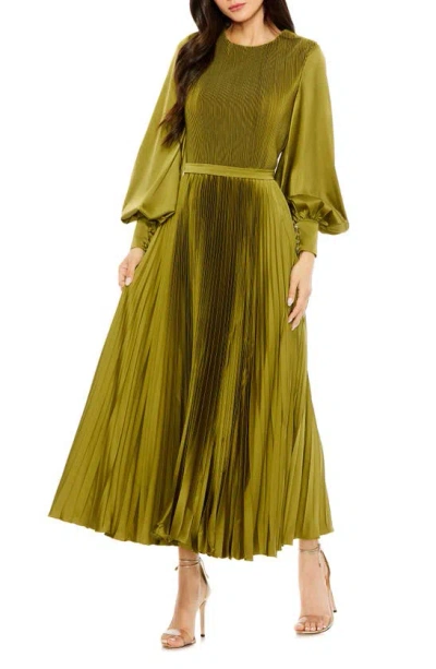 Mac Duggal Long Sleeve Pleated Satin Cocktail Midi Dress In Olive