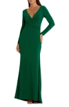 Mac Duggal Long Sleeve Ruched Jersey V-neck Gown In Emerald