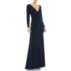 Mac Duggal Long Sleeve Ruched Jersey V-neck Gown In Midnight