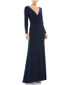 Mac Duggal Long Sleeve Ruched Jersey V-neck Gown In Midnight