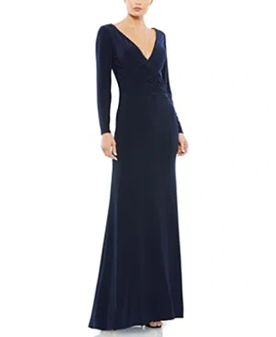 Mac Duggal Long Sleeve Ruched Jersey V-neck Gown In Midnight