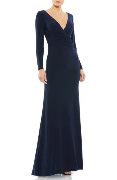 MAC DUGGAL MAC DUGGAL LONG SLEEVE RUCHED JERSEY V-NECK GOWN
