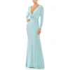 Mac Duggal Long Sleeve Ruched Jersey V-neck Gown In Powder Blue