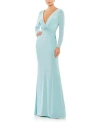 MAC DUGGAL LONG SLEEVE RUCHED JERSEY V-NECK GOWN