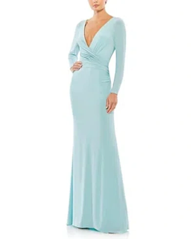 Mac Duggal Long Sleeve Ruched Jersey V-neck Gown In Powder Blue