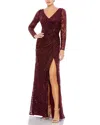 Mac Duggal Long Sleeve Ruched Sequined V-neck Gown In Burgundy