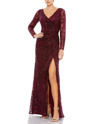 Mac Duggal Long Sleeve Ruched Sequined V-neck Gown In Burgundy