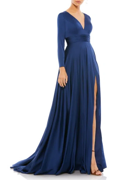 Mac Duggal Long Sleeve Ruched Waist A-line Gown In Midnight