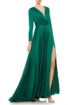 Mac Duggal Long Sleeve Ruched Waist A-line Gown In Emerald