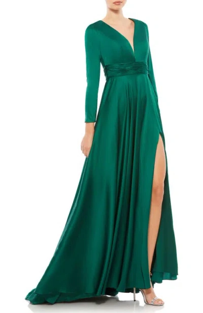 Mac Duggal Long Sleeve Ruched Waist A-line Gown In Emerald