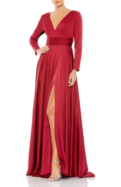 Mac Duggal Long Sleeve Ruched Waist A-line Gown In Red