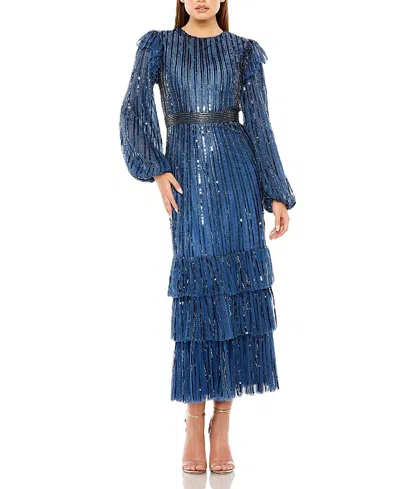 Mac Duggal Long Sleeve Ruffle Detail Sequin Dress In Midnight